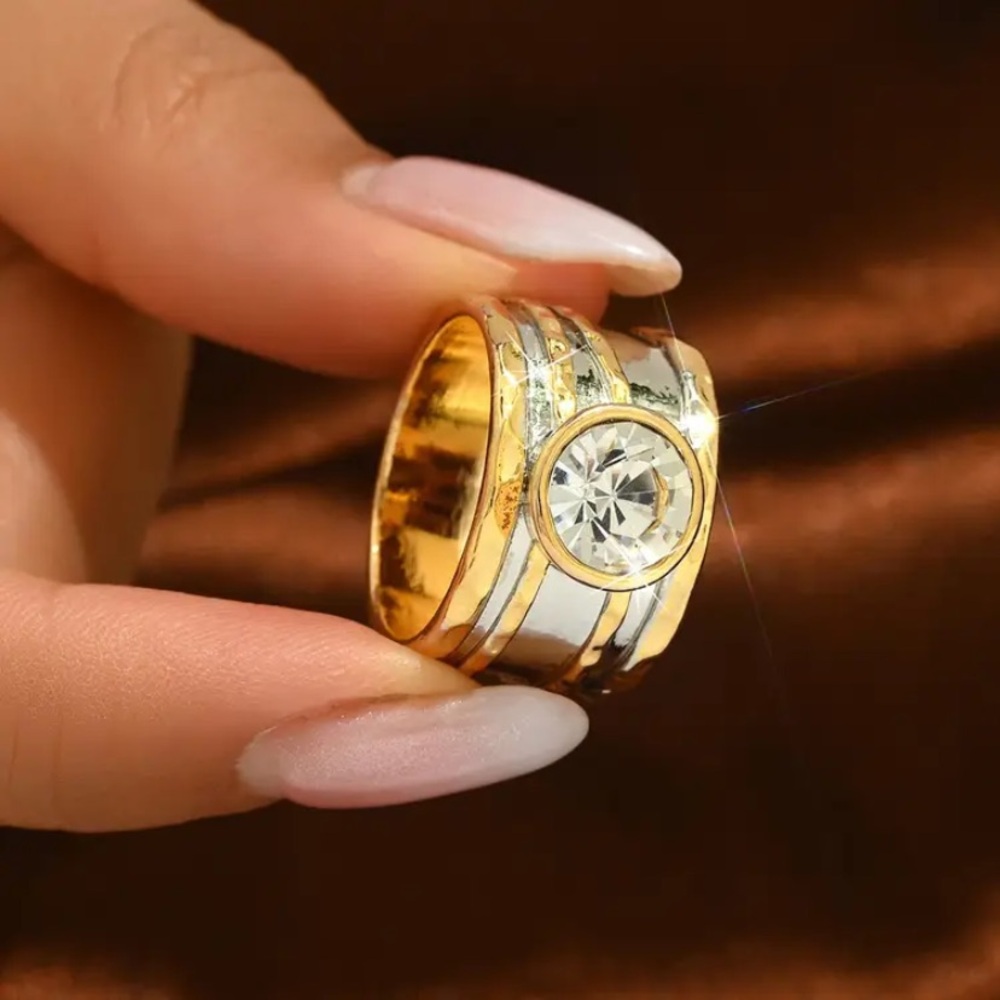 Elegant Gold and Silver Ring with Crystal-18k Gold Plated & White Topaz